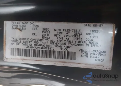 1998 Toyota Tacoma Base V6 z USA, uszkodzony, nr VIN 4TAWN72N9WZ029977